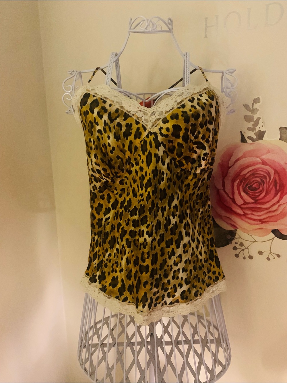 Daisy Fuentes 100% Silk Lace-Trim Leopard Print Cami Top  Medium Y2k Cami Top
